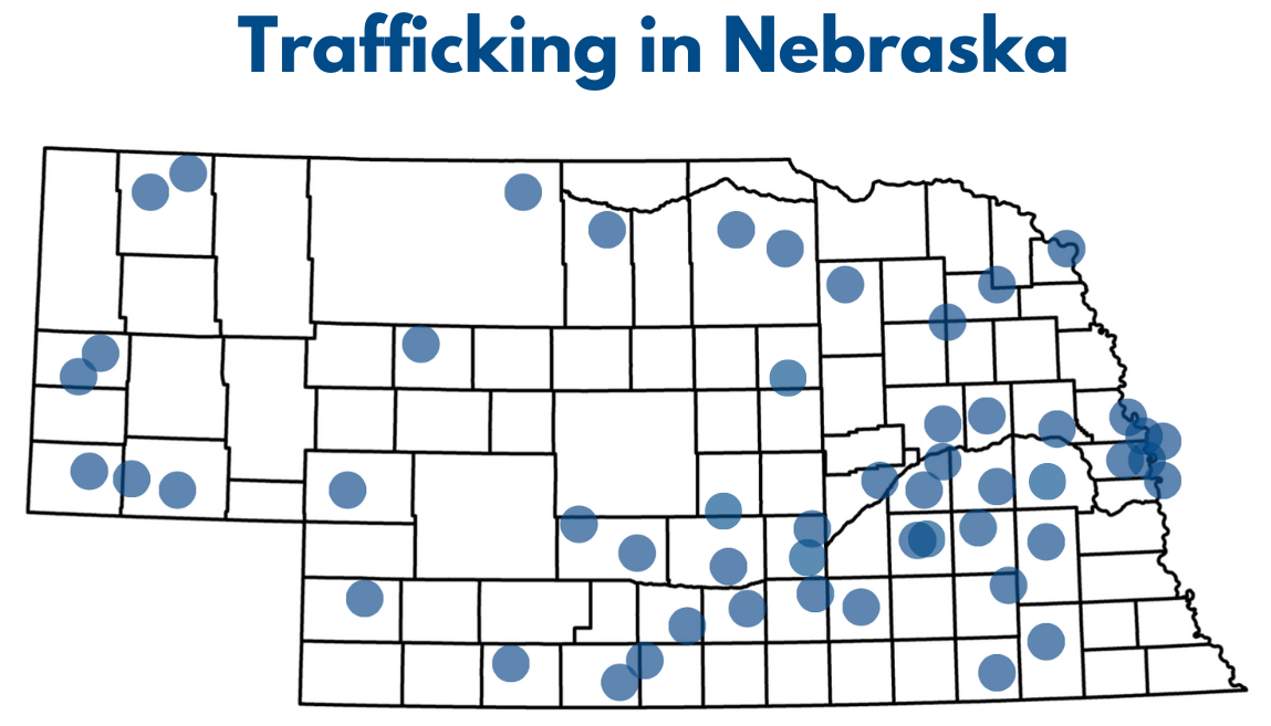 Map of reports of human trafficking in Nebraska